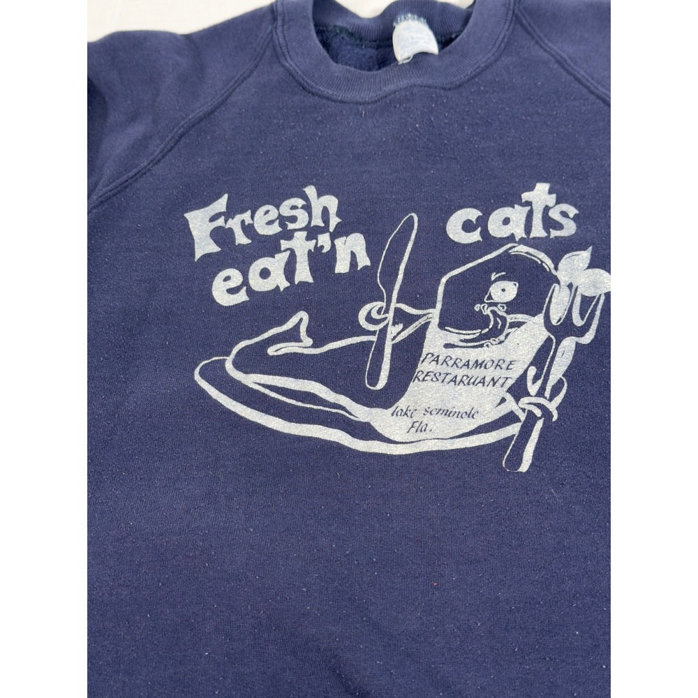 Vintage Russell Athletic Sweatshirt Mens XL Navy Good Fresh Eatn Cats 80s USA‎